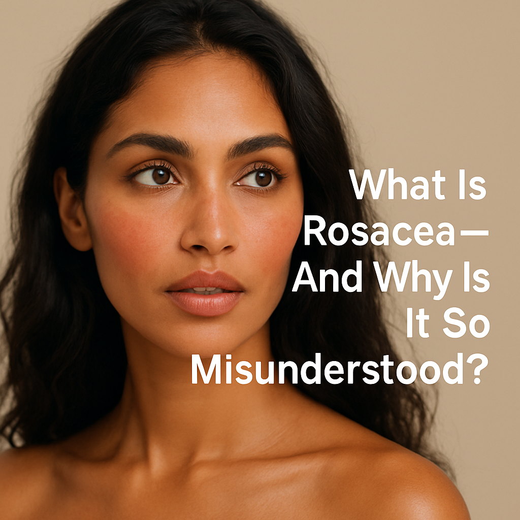 Close-up of an exotic woman with light rosacea on her cheeks, looking curious and thoughtful, representing the question: What is rosacea and why is it misunderstood.