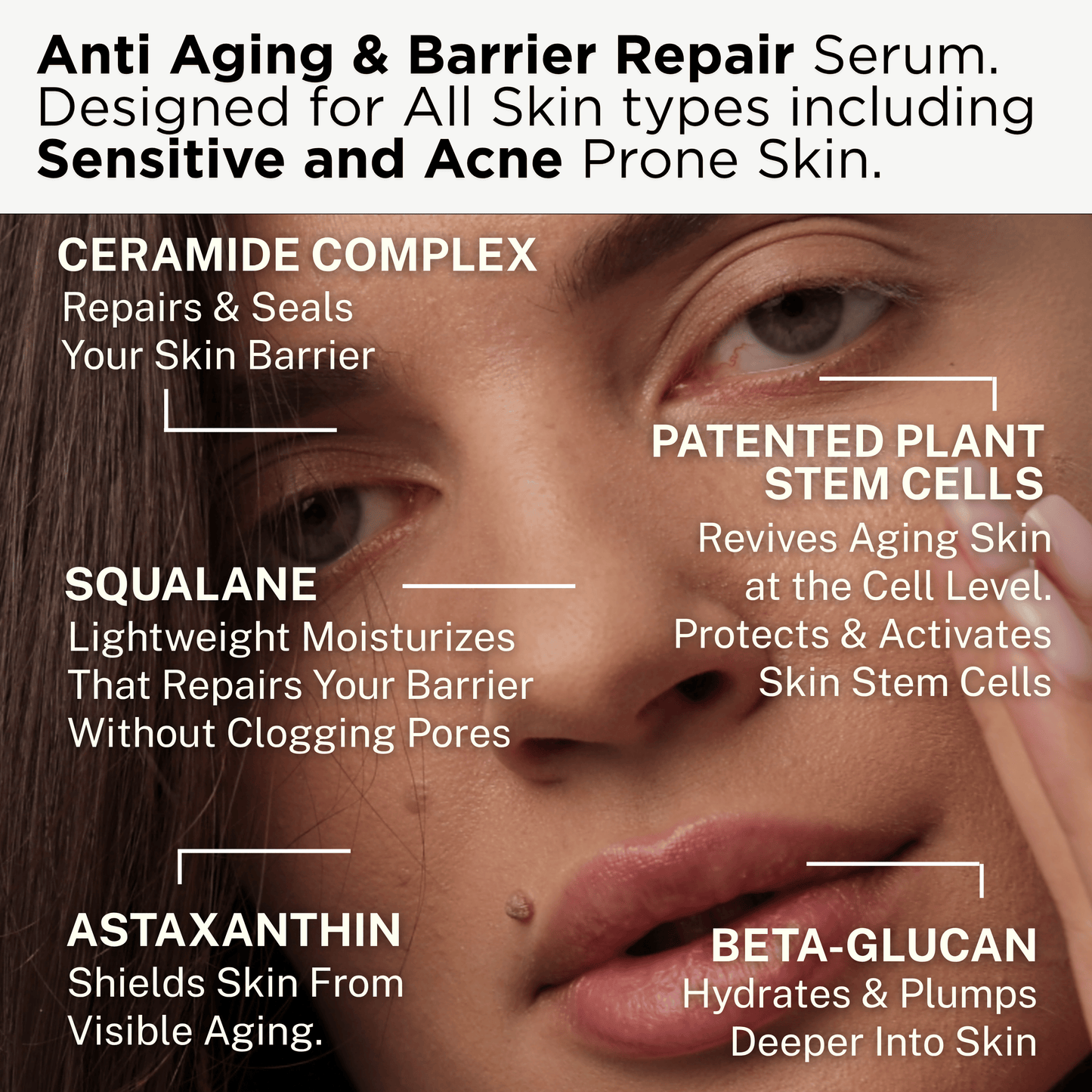 Regenerative Anti Aging Barrier Repair Face Serum for Sensitive Skin - Hydrating Face Moisturizer - Argan Moss Stem Cells - Astaxanthin, Ceramides, Beta Glucan, Squalane - Retinol Alternative - PowerV