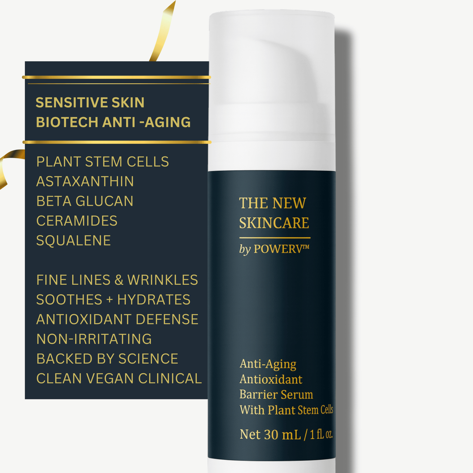 Stem cell serum for face by PowerV. A clean, gentle anti aging and anti wrinkle barrier repair serum for sensitive, mature and crepey skin. Built on astaxanthin and two plant stem cells with ceramides, beta glucan, squalane. A gentle retinol alternative. - PowerV