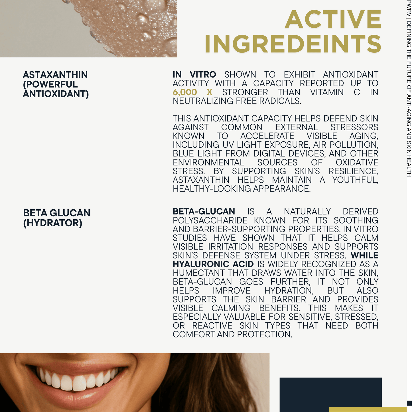 Stem cell serum for face by PowerV. A clean, gentle anti aging and anti wrinkle barrier repair serum for sensitive, mature and crepey skin. Built on astaxanthin and two plant stem cells with ceramides, beta glucan, squalane. A gentle retinol alternative. - PowerV