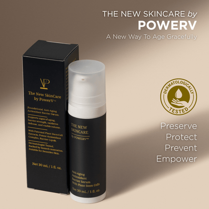 Stem cell serum for face by PowerV. A clean, gentle anti aging and anti wrinkle barrier repair serum for sensitive, mature and crepey skin. Built on astaxanthin and two plant stem cells with ceramides, beta glucan, squalane. A gentle retinol alternative. - PowerV