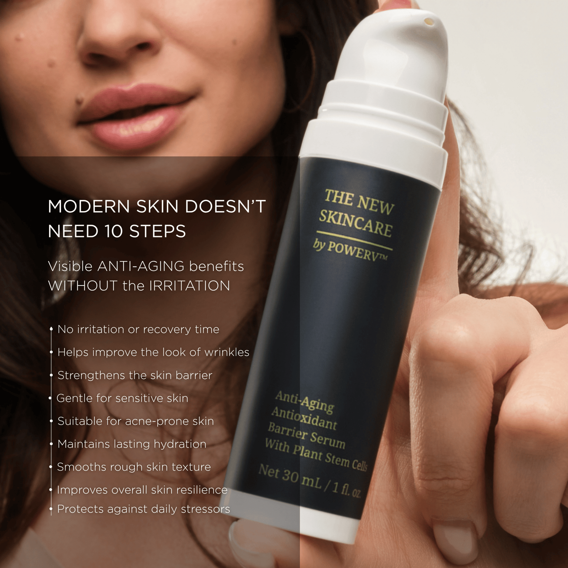 Stem cell serum for face by PowerV. A clean, gentle anti aging and anti wrinkle barrier repair serum for sensitive, mature and crepey skin. Built on astaxanthin and two plant stem cells with ceramides, beta glucan, squalane. A gentle retinol alternative. - PowerV