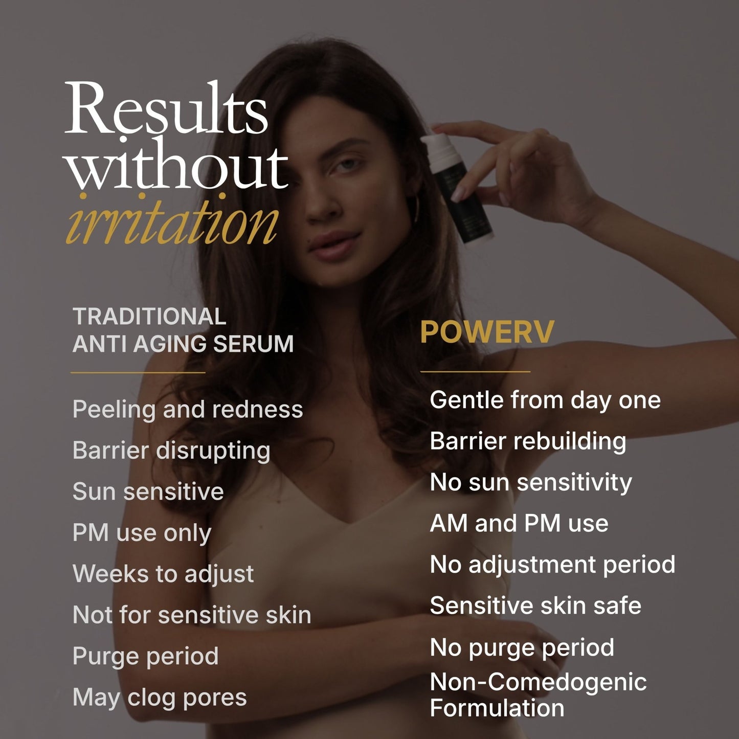 Stem cell serum for face by PowerV. A clean, gentle anti aging and anti wrinkle barrier repair serum for sensitive, mature and crepey skin. Built on astaxanthin and two plant stem cells with ceramides, beta glucan, squalane. A gentle retinol alternative. - PowerV