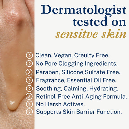 Stem cell serum for face by PowerV. A clean, gentle anti aging and anti wrinkle barrier repair serum for sensitive, mature and crepey skin. Built on astaxanthin and two plant stem cells with ceramides, beta glucan, squalane. A gentle retinol alternative. - PowerV