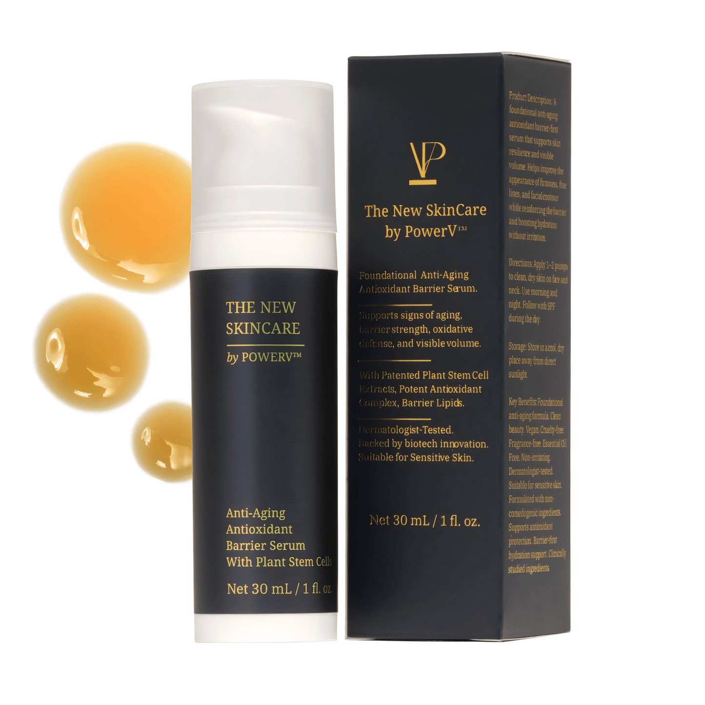 Stem cell serum for face by PowerV. A clean, gentle anti aging and anti wrinkle barrier repair serum for sensitive, mature and crepey skin. Built on astaxanthin and two plant stem cells with ceramides, beta glucan, squalane. A gentle retinol alternative. - PowerV