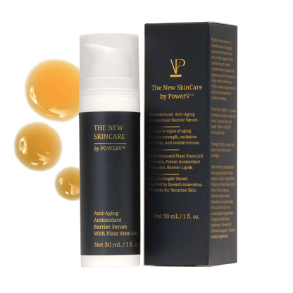 Stem cell serum for face by PowerV. A clean, gentle anti aging and anti wrinkle barrier repair serum for sensitive, mature and crepey skin. Built on astaxanthin and two plant stem cells with ceramides, beta glucan, squalane. A gentle retinol alternative. - PowerV